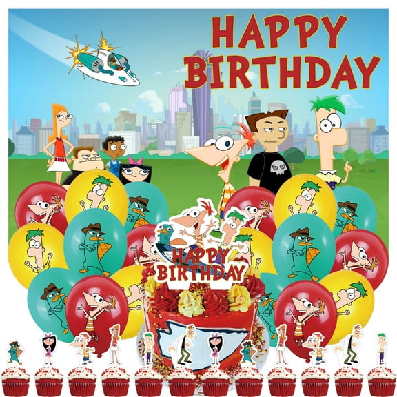 32 Pcs For Phineas and Ferb Theme Party Decorations,With 5*3ft Birthday Backdrop Decorations,18 Balloons,13 Cupcake Toppers Balloons,for Birthday Party Decorations