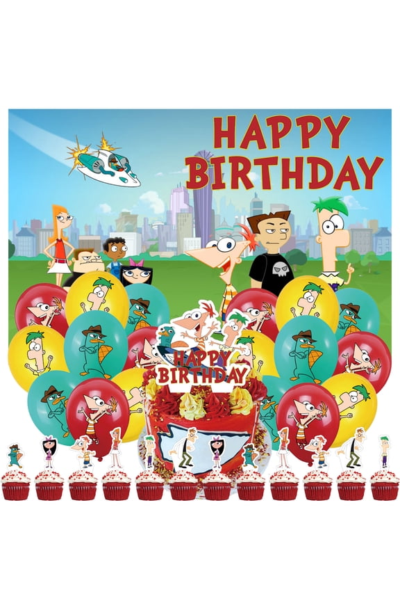 32 Pcs For Phineas and Ferb Theme Party Decorations,With 5*3ft Birthday Backdrop Decorations,18 Balloons,13 Cupcake Toppers Balloons,for Birthday Party Decorations