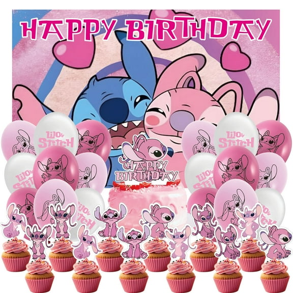 32 Pcs For Pink Cartoon Themed For Angel Birthday Party Decoration,WithWith 5*3ft Birthday Backdrop Decorations,18 Balloons,13 Cupcake Toppers,All-in-One Party Supply Set