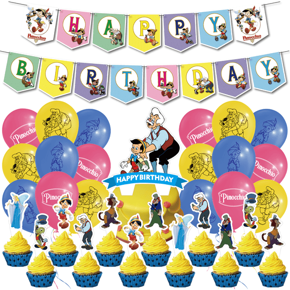 32 Pcs For Pinocchio Theme Birthday Party Decoration Set - Includes Happy Birthday Banner, Cake Topper, Cupcake Toppers, and Balloons for Kids’ Celebrations