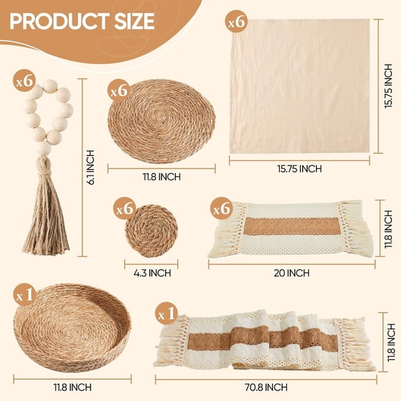 32 Pcs  Placemats Table Setting Set with Water Hyacinth Mats and Linen Napkins for Dining Room Decor