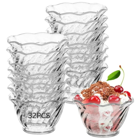 32 Pcs Plastic Dessert Cups, 6oz Mini Ice Cream Bowls, Clear Swirl Tulip Shaped Sundae Tasting Bowls, Round Parfait Cups, Buffet Serving Cups for Yogurt, Appetizers, Pudding, Fruits