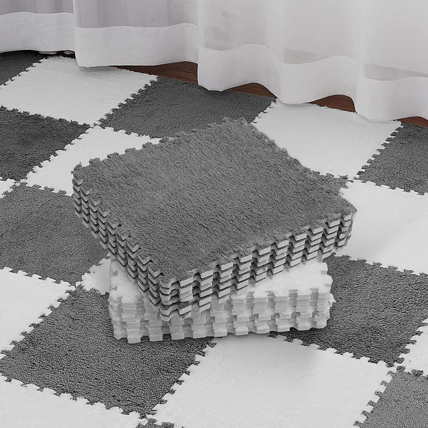 32 Pcs Plush Foam Interlocking Floor Mat Climbing Area Rugs 11.8 x 11.8 Inch Square Soft Fluffy Tiles with Border Play Mat Flooring Tiles for Home Playroom Decoration (White, Gray)