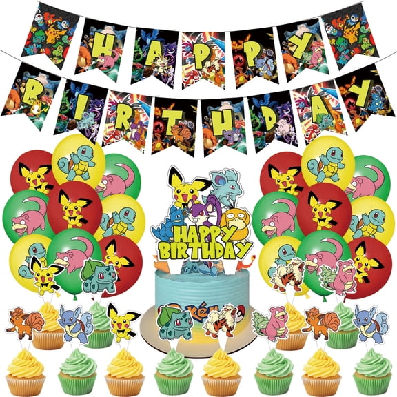 32 Pcs For Pokemon Cartoon For Pikachu Party Decoration Set,Party Supplies Includes Banner,Cake Topper,12 Cupcake Toppers,and 18 Balloons for Festive and Birthday Celebrations