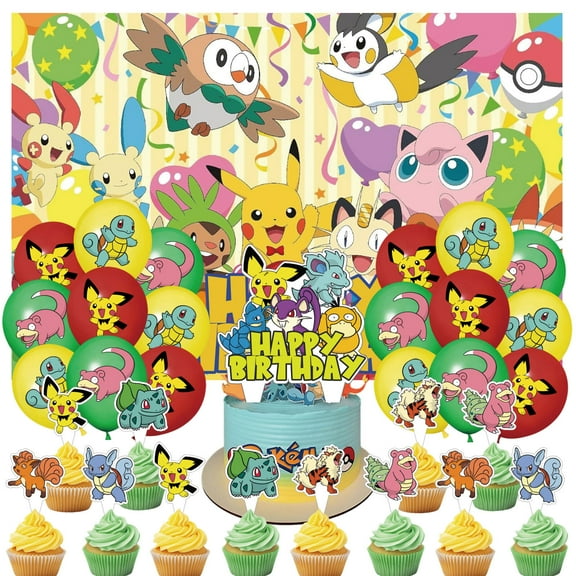32 Pcs For Pokemon Theme For Pikachu Birthday Party Decorations,With 5*3ft Birthday Backdrop Decorations,18 Balloons,13 Cupcake Toppers for Birthday Party Supplies