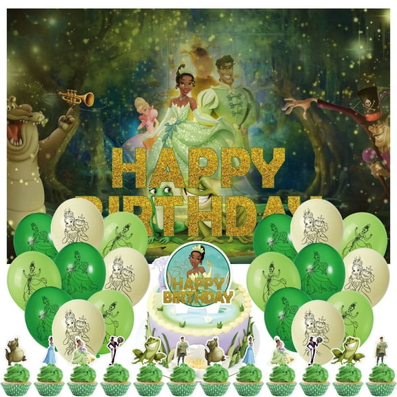 32 Pcs For Princess and The Frog Theme Birthday Party Decorations Set,with 5*3ft Birthday Backdrop,13 Cupcake Toppers,18 Balloons For Kids Celebration Supplies Kit
