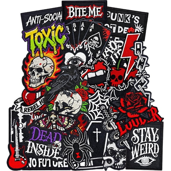 32 Pcs Punk Rock Iron on Patches for Clothing, Gothic Skull Rose Bat Embroidered Applique Patches for Jackets Backpacks Hats