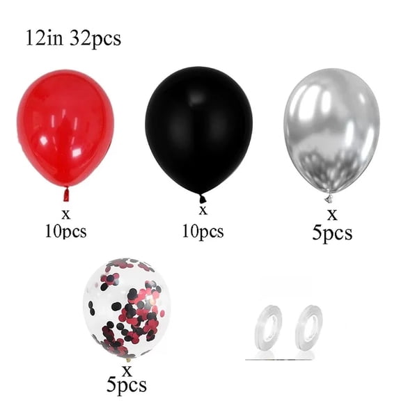 32Pcs Red Black Silver Balloon Set, 12 Inch Latex & Confetti Balloons for Birthday Wedding Valentine New Year Party Decor