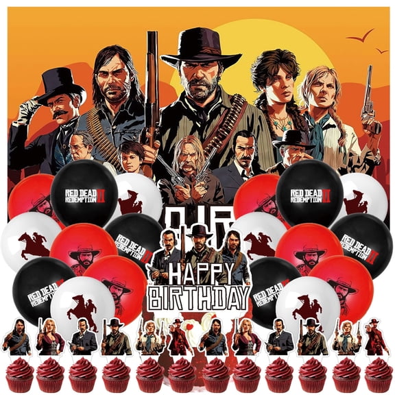 32 Pcs For Red Dead Redemption Games Theme Birthday Party Decoration Set,Includes 5*3ft Birthday Backdrop,13 Cupcake Toppers,and 18 Balloons Party Supplies for Celebrations