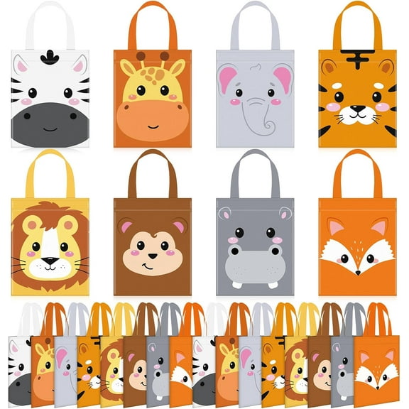 32 Pcs Safari Party Favor Bags Non Woven Jungle Animal Goodie Treat Bags with Handles Lion Tiger Elephant Monkey Giraffe Gift Pack for Kids Safari Themed Party Birthday Baby Shower Supplies
