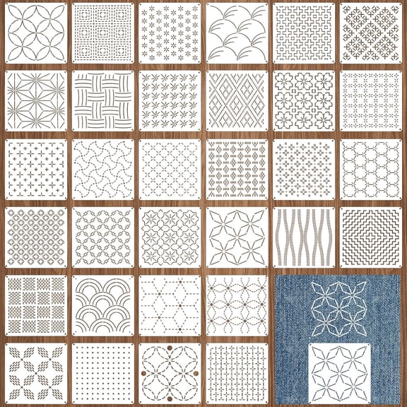 32 Pcs Sashiko Stencil, 5.12 x 5.12 Inch Quilting Stencils, Geometric Pattern Drawing Line Embroidery Template, Embroidery Pattern Stabilizer for Sewing Hand Quilting and Crafting