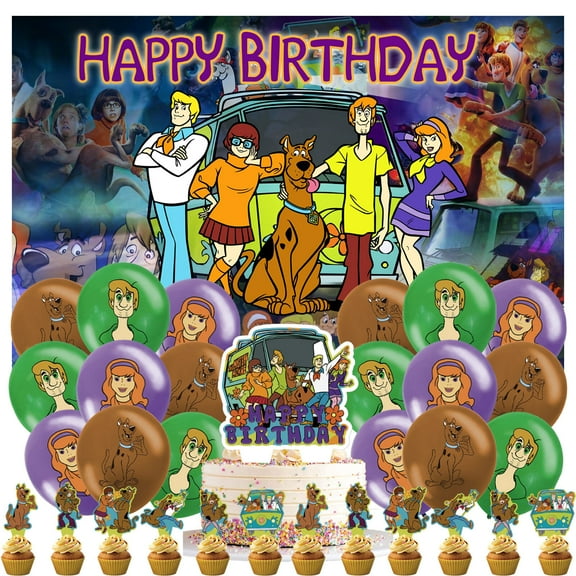 32-Pcs For Scooby Cartoon For Dog Doo-Themed Party Decoration Set – Includes Backdrop, Cake Topper, 12 Cupcake Toppers, and 18 Balloons for Festive Celebrations