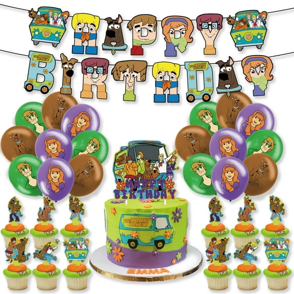 32 Pcs For Scooby Cartoon Themed For Doo Doo Birthday Party Decorations,With 1 Happy Birthday Banner Garland,13 Cupcake Toppers,18 Balloons,All-in-One Party Supply Set