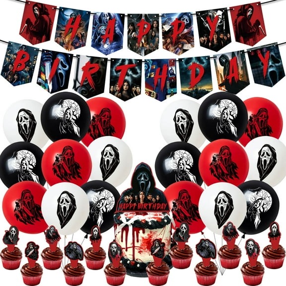 32 Pcs For Scream 6 Theme Birthday Party Decorations,With 1 Happy Birthday Banner Garland,13 Cupcake Toppers,18 Balloons for Children Party Decorations