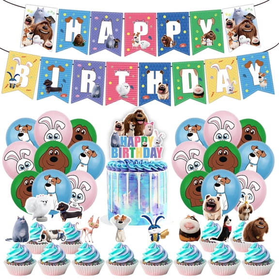 32 Pcs For The Secret Life of Pets Cartoon,Themed Party Decoration Set,Includes Banner,Cake Topper,12 Cupcake Toppers,and 18 Balloon Party Supplies for Birthday Celebratory