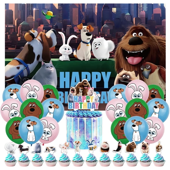 32 Pcs For The Secret Life of Pets Movie Theme Birthday Party Decoration Set,Includes 5*3ft Birthday Backdrop,13 Cupcake Toppers,and 18 Balloons Party Supplies for Celebrations
