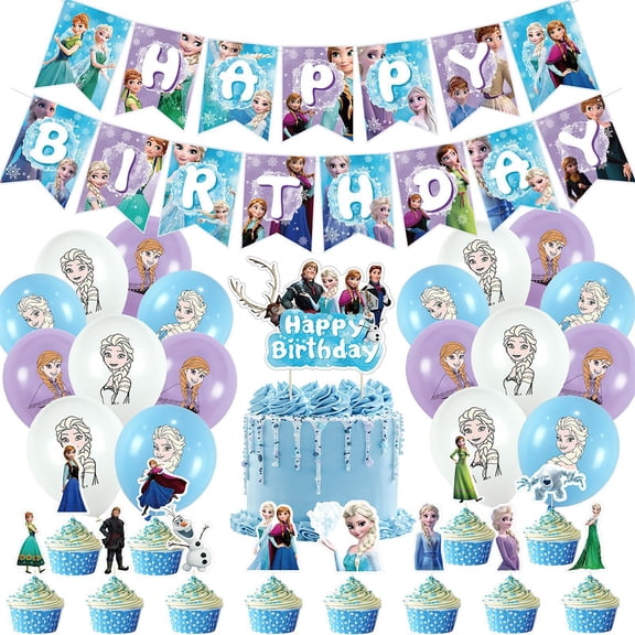 32 Pcs/Set Princess Birthday Party Decorations Supplies, Animation The Snow Queen Theme Party, Cute Cupcake Topper Card, Balloons Banner Set