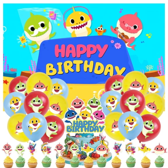 32 Pcs For Shark Cartoon Theme Party Supplies Set,Includes 5*3ft Birthday Backdrop,Cake Topper,12 Cupcake Toppers,and 18 Balloons for Birthday Party Decoration Set