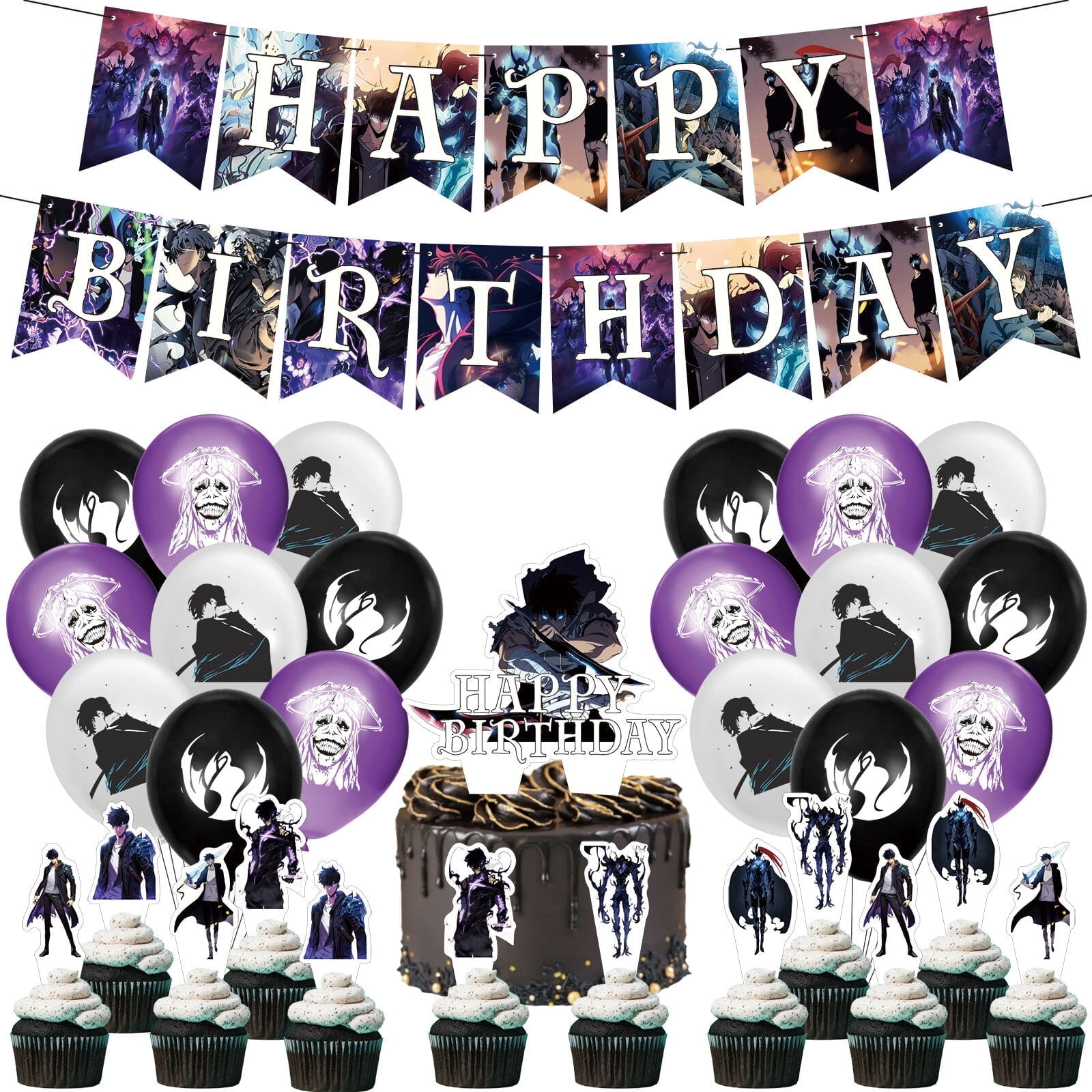 32 Pcs For Solo Cartoon-Themed For Leveling Party Decoration Set - Includes Banner, Cake Topper, 12 Cupcake Toppers, and 18 Balloons for Celebratory Occasions