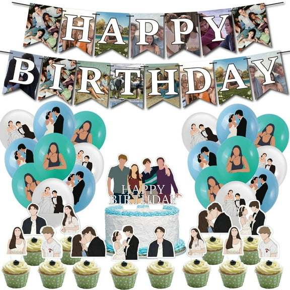 32 Pcs For The Summer I Turned Pretty Cartoon-Themed Party Decoration Set - Includes Banner, Cake Topper, 12 Cupcake Toppers, and 18 Balloons for Celebratory Occasions
