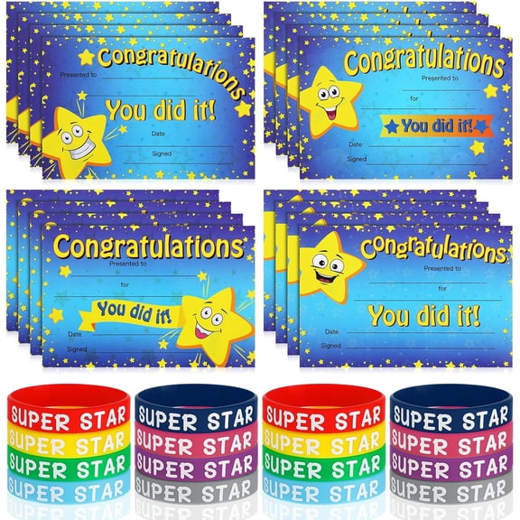 32 Pcs Star Student Certificate Award Wristband Happy Birthday Certificate Recognition Gifts Congrats Celebrity of The Week Month Award for Back to School Classroom(Congrats You Did It)