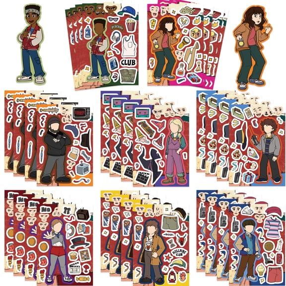 32 Pcs For Stranger Theme Things Make A Face Stickers,4.36.3 Inch Mixed & Matched Characters Stickers,DIY Waterproof Dress-Up Face Sticker for Water Bottle, Laptop, Scrapbook & Birthday Decor