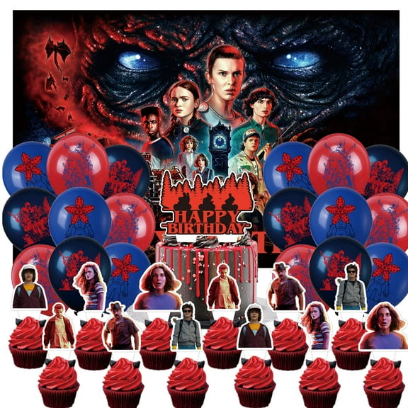32 Pcs For Strangers Movie For Things Object TV Series Birthday Party Decorations,With 5*3ft Birthday Backdrop Decorations,18 Balloons,13 Cupcake Toppers,All-in-One Party Supply Set