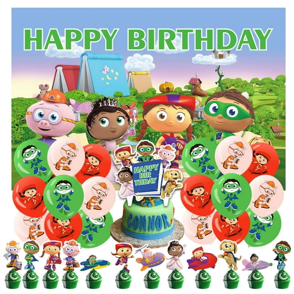 32 Pcs For Super Why Theme Birthday Party Decoration Set - Includes Happy Birthday Backdrop Decorations, Cupcake Toppers, and Balloons for Celebrations