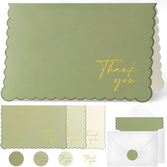 32 Pcs Thank You Cards Set with Envelopes & Stickers,46 Inches Blank Cards for Personalized Notes,4 Color Designs,Thank you Cards for Graduation,Teachers,Weddings, Baby Showers,Business - Green
