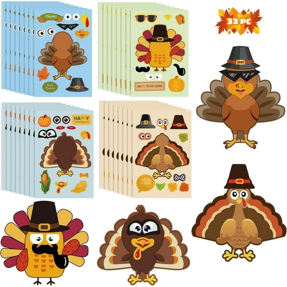 32 Pcs Thanksgiving Make A Turkey Stickers, Thanksgiving Crafts for Kids Make Your Own Turkey for Thanksgiving Game Party Favors Supplies Turkey Face Stickers Decorations