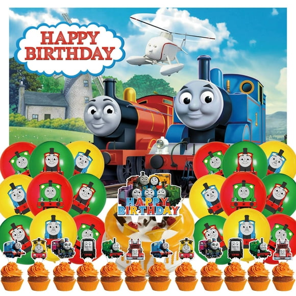 32 Pcs For Thomas Cartoon-Themed Birthday Decorations and Party Favors Set – Includes Backdrop, Cake Topper, 12 Cupcake Toppers, and 18 Balloons for Celebration Events