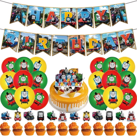 32 Pcs For Thomas & Friends Movie Cartoon Party Decoration Set,Party Supplies Includes Banner,Cake Topper,12 Cupcake Toppers,and 18 Balloons for Festive and Birthday Celebrations