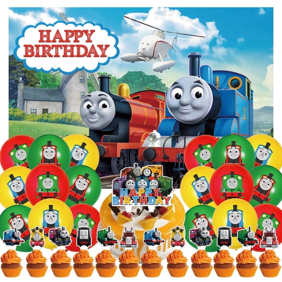 32 Pcs For Thomas & Friends Movie Theme Birthday Party Supplies Party Favor Set,With 5*3ft Birthday Backdrop Decorations,13 Cupcake Toppers,18 Balloons,All-in-One Party Decorations Set