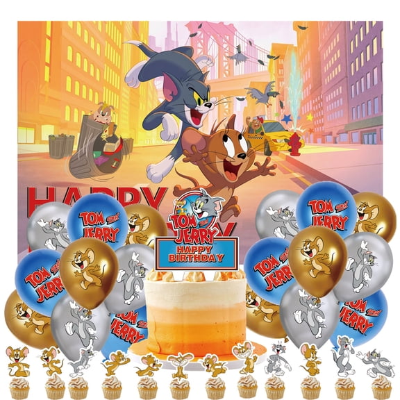 32 Pcs For Tom and Jerry Theme Birthday Party Decorations,with 5*3ft Birthday Backdrop Decorations,13 Cupcake Toppers,18 Balloons,All-in-One Party Supply Set
