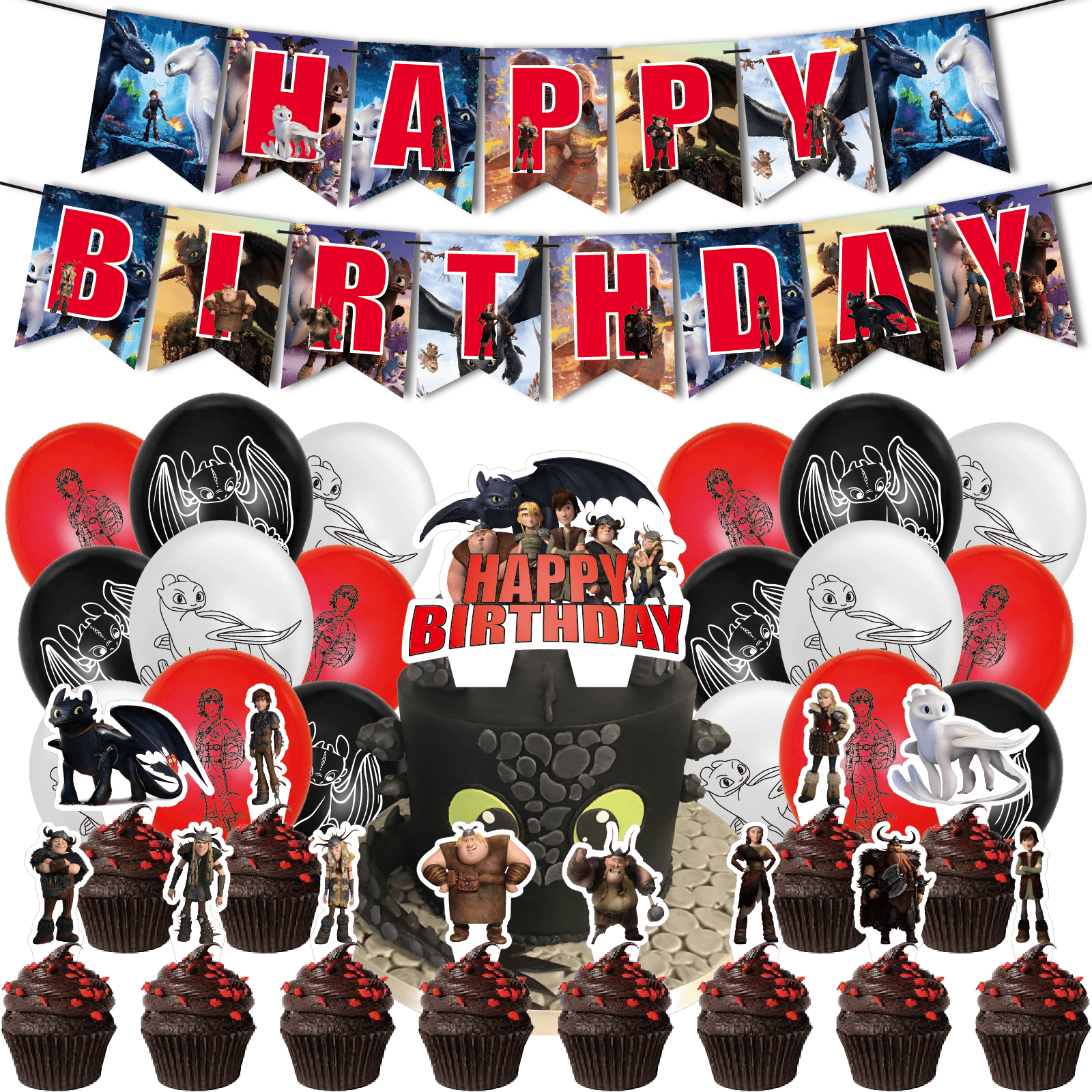 32 Pcs For How to Train Your Dragon Theme Children's Celebration Kit with Banner,Cake Topper,12 Cupcake Toppers,18 Balloons,All-in-One Birthday Party Decorations Set