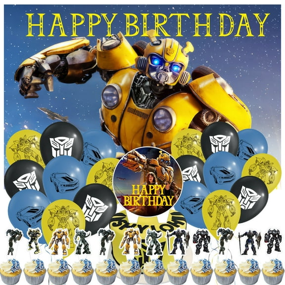 32 Pcs For Transformers Movie For Bumblebee Birthday Party Decorations Set,With 5*3ft Birthday Backdrop Decorations,13 Cupcake Toppers,18 Balloons,All-in-One Party Supplies Party Favor Set