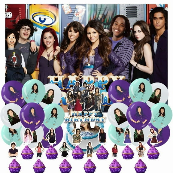 32 Pcs For Victorious TV Series Theme Birthday Party Decorations and Supplies Set – Includes 1 Backdrop, 1 Cake Topper, 12 Cupcake Toppers, and 18 Balloons for Festive Celebrations