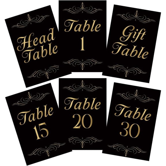 32 Pcs Wedding Table Numbers Cards 1-30 Black Golden Number Double Sided Wedding Table Numbers Signs with Head and Gift Table