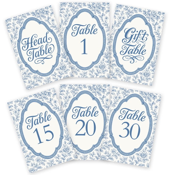 32 Pcs Wedding Table Numbers Cards 1-30 Blue Flower Retro Border Double Sided Wedding Table Numbers Signs with Head Table Card