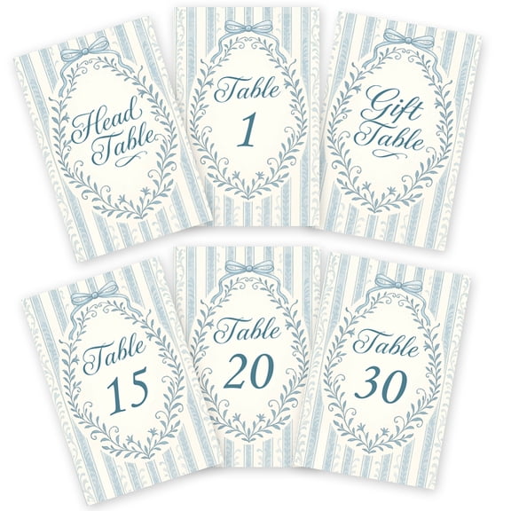 32 Pcs Wedding Table Numbers Cards 1-30 Blue White Strip Double Sided Wedding Table Numbers Signs with Head and Gift Table Card Party Centerpiece