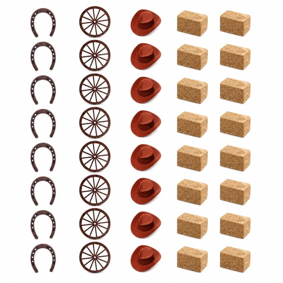 32 Pcs Western Party Decorations Set, Cowboy Theme Table Centerpieces with Mini Horseshoes Hay Bales Brown Cowboy Hats Wooden Wheels, Rustic Farm Party Supplies Wedding Table Decor