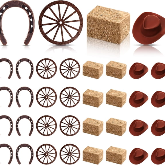 32 Pcs Western Party Decorations Set, Including Mini Horseshoes Simulated Haystacks Brown Cowboy Hats and Wooden Wheels,Mini Cowboy Theme Decor for Home Western Themed Party