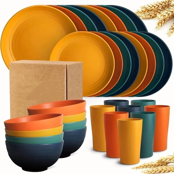 32 Pcs Wheat Straw Dinnerware Set (Service for 8) - Unbreakable Lightweight PP Plates Bowls Cups - Durable Easy-Clean Tableware for Home Picnic Camping Parties