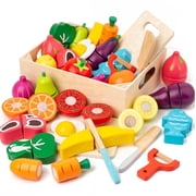 BUSY EDITION Wooden Play Food Set 32 Pieces Pretend Kitchen Cutting Toys for Toddlers Ages 3 and up