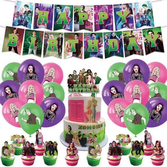 32 Pcs For Zombie Cartoon For High,Themed Party Decoration Set,Includes Banner,Cake Topper,12 Cupcake Toppers,and 18 Balloon Party Supplies for Birthday Celebratory