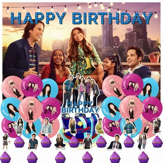 32 Pcs For iCarly Theme Birthday Party Decorations and Supplies Set – Includes 1 Backdrop, 1 Cake Topper, 12 Cupcake Toppers, and 18 Balloons for Festive Celebrations