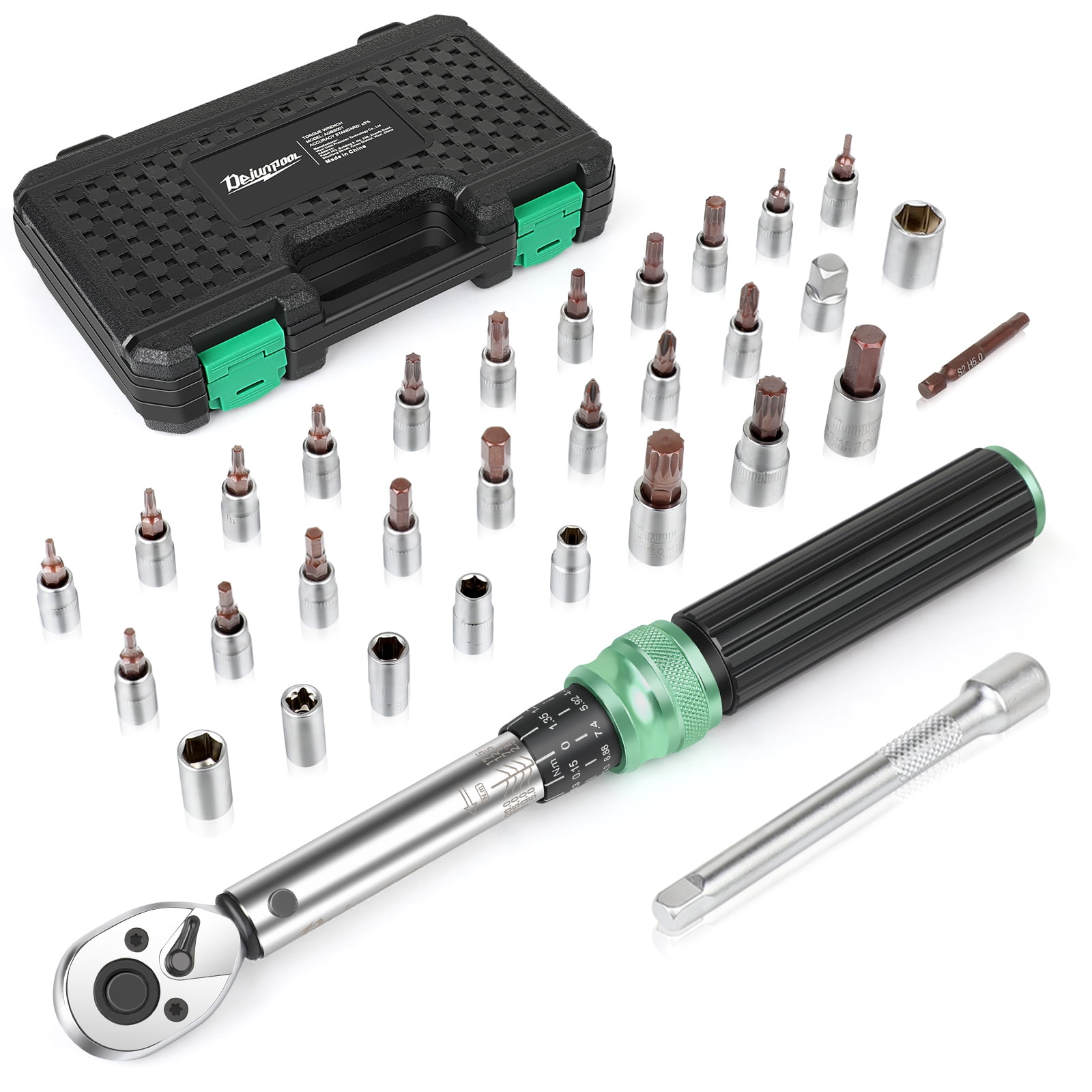 32-Piece 1/4" Torque Wrench Set 1.84–14.76 ft-lbs/2.5–20 N.m, with Extension Bar, Adapter, Bits & Portable Case for Bicycle, Motorcycle, Car Maintenance