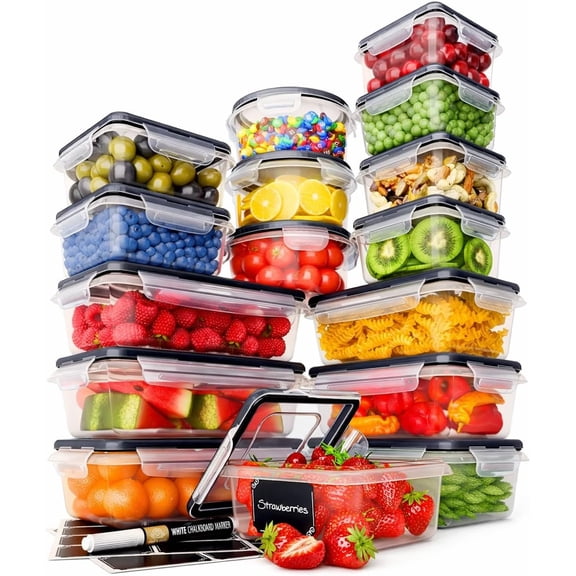 32 Piece Airtight Food Storage Containers with Easy Snap Lids, 16 Containers and Lids, Stackable Kitchen and Pantry Canisters for Meal Prep and Food Storage - Transparent