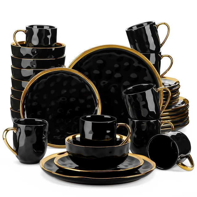 32Piece Black Porcelain Dinnerware Set with Gold Trim Elegant Dinner