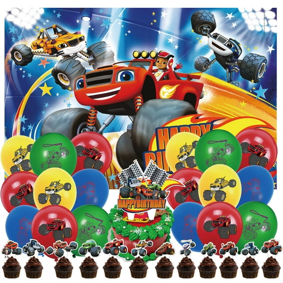 32-Piece For Blaze and the Monster Cartoon-Themed Birthday Party Decorations Set – Includes Backdrop, Cake Topper, 12 Cupcake Toppers, and 18 Balloons